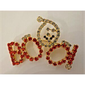 Boo With Ghost Halloween Pin Orange Black & Clear Rhinestones 2.25" Gold Metal